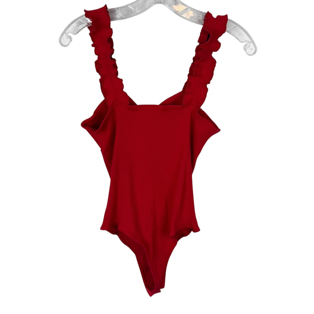 Francesca’s Red Ribbed Ruffle Strap Bodysuit XL Valentine Romantic Stretch - Picture 3 of 10